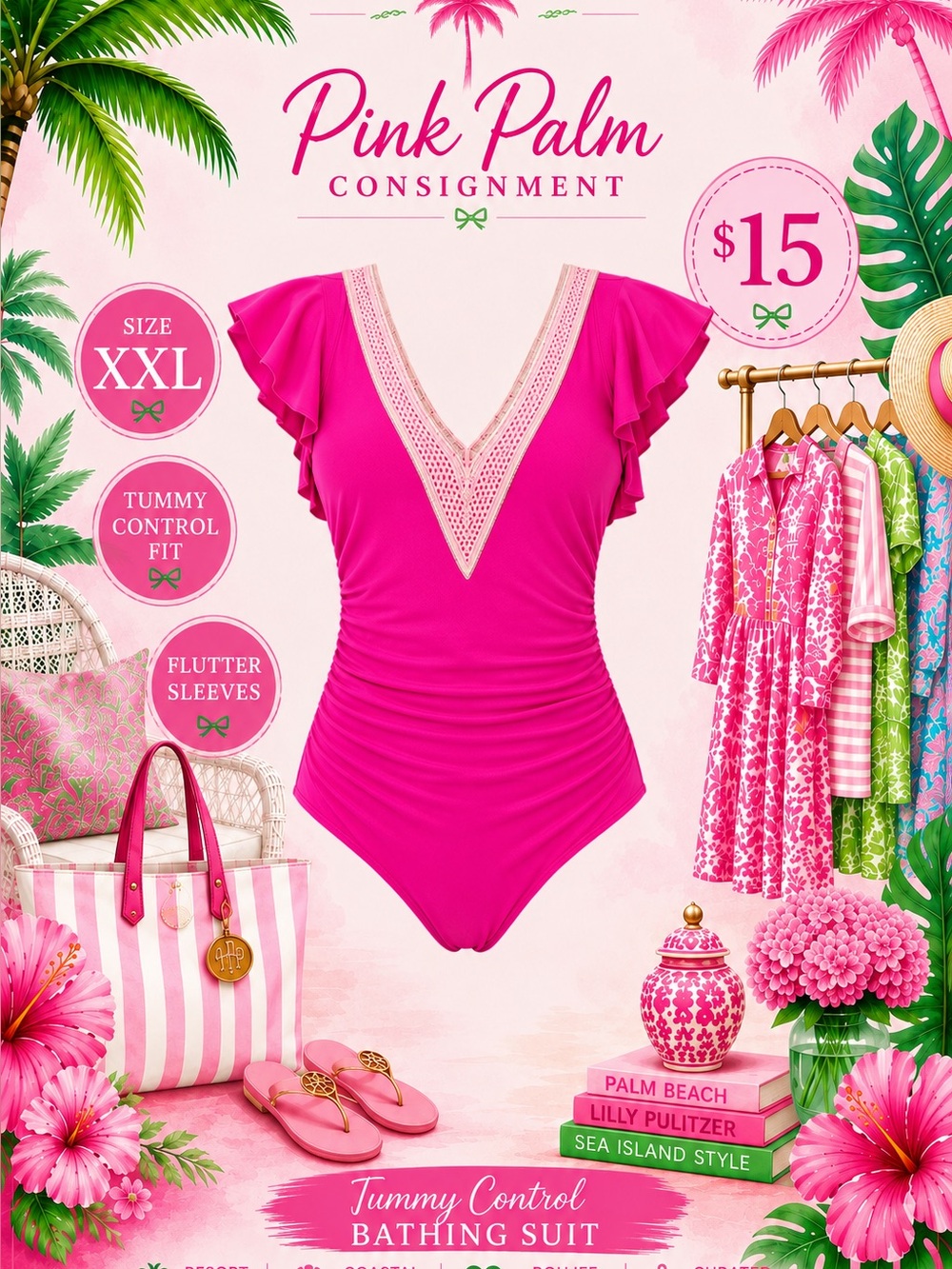 Pink Palm Flutter-Sleeve V-Neck One-Piece Swimsuit